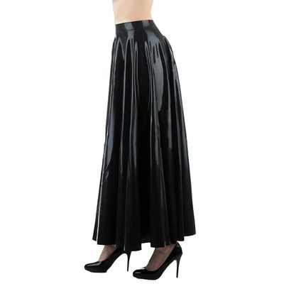 AZRLZP High-Waisted Pleated Latex Skirt, Ankle Length (Black, XL)