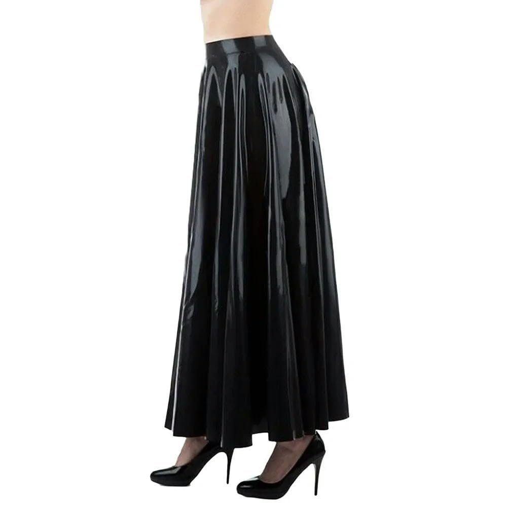 AZRLZP High-Waisted Pleated Latex Skirt, Ankle Length (Black, XL)