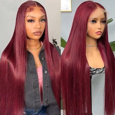 Burgundy Straight Human Hair Lace Front Wig, 13 x 6 Transparent Lace, 200% Density, 8 Inch