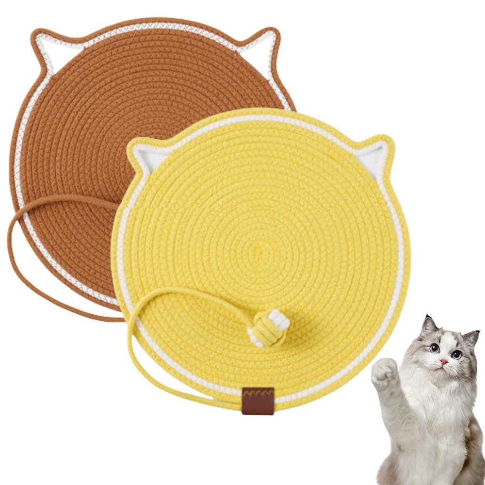 Cat Scratching Mat and Bed 2-in-1, Handwoven Cat-Ear-Shaped All-Season Pet Mat, Brown + Yellow