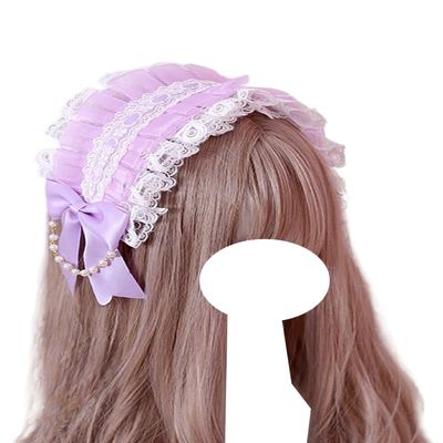 Lolita Lace Bow Headband with Pearl Chain, Light Purple