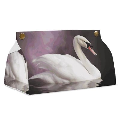 Swan Tissue Box Cover, PU Leather, White, for Bathroom, Bedroom, Hotel, Office