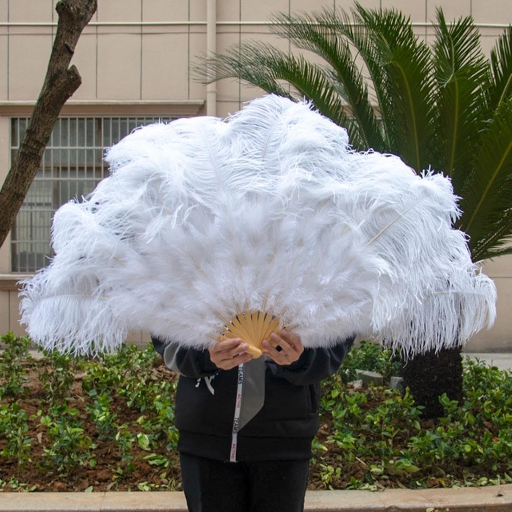 130 cm Large Ostrich Feather Fan, Foldable, Left Hand, White