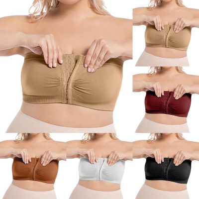 Strapless Front-Closure Seamless Padded Bandeau Bra with Clear Straps
