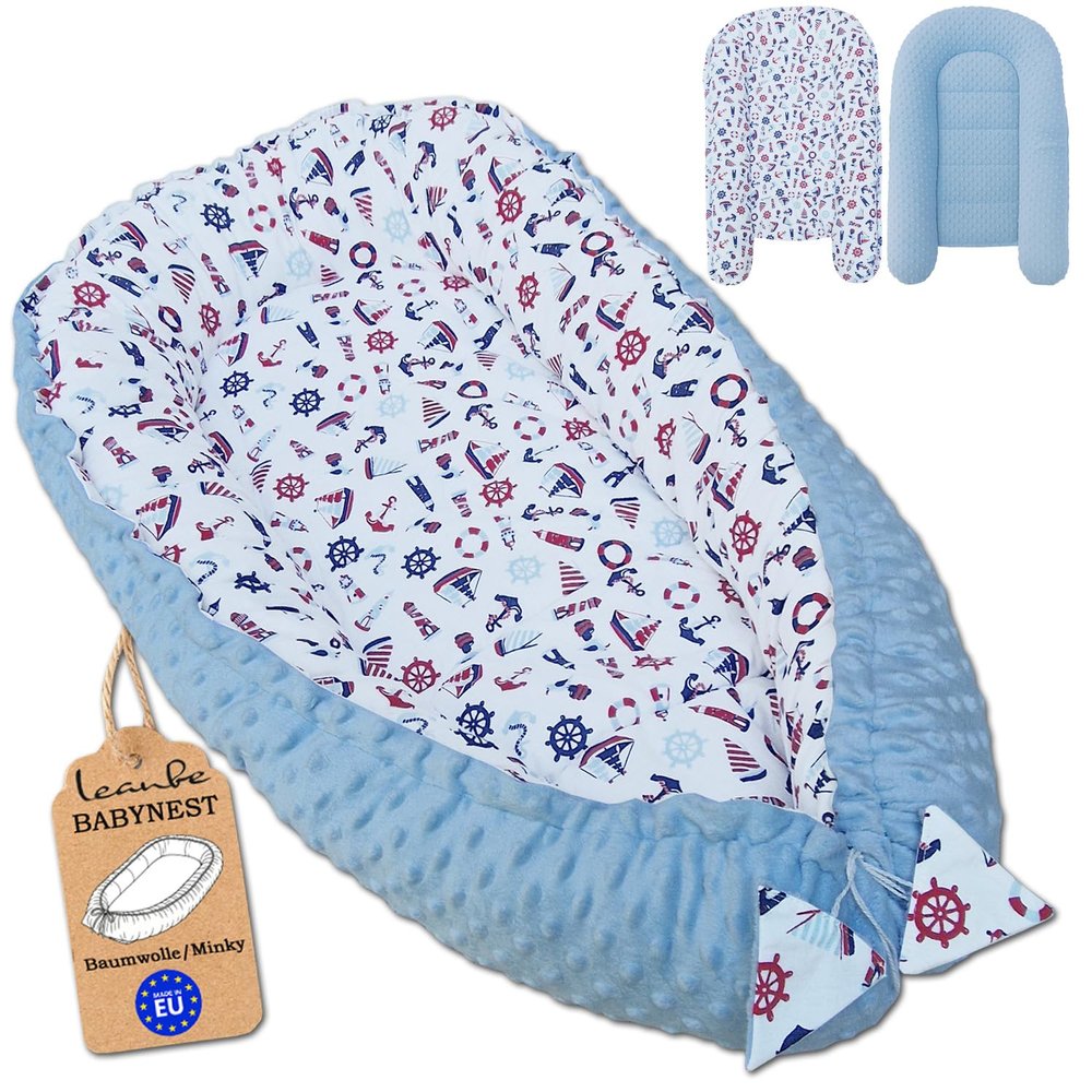 Leanbe Baby Nest 90 x 50 cm for Newborns, Cotton & Polyester, Blue/Sailboats