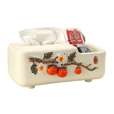 XUJUAN-0227 Ceramic Tissue Box with Organizer, Persimmon Pattern, Decorative Tissue Holder
