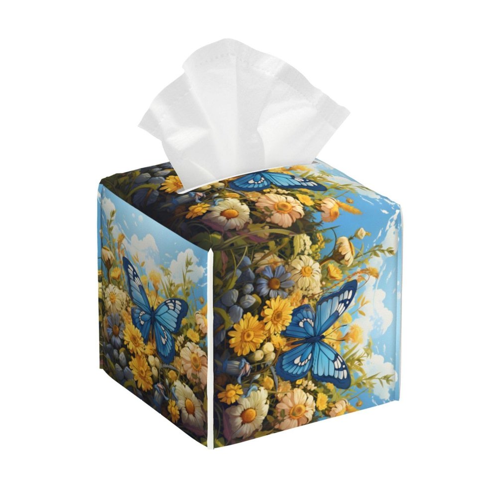 Mexpekil Square Tissue Box Cover, PU Leather, Waterproof, Blue Butterfly and Yellow Flower