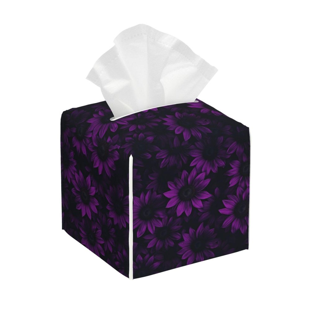 Mexpekil Square Tissue Box Cover, PU Leather, Waterproof, Cube-Shaped, Decorative Organizer for Home, Car, and Office, Dark Purple Sunflowers