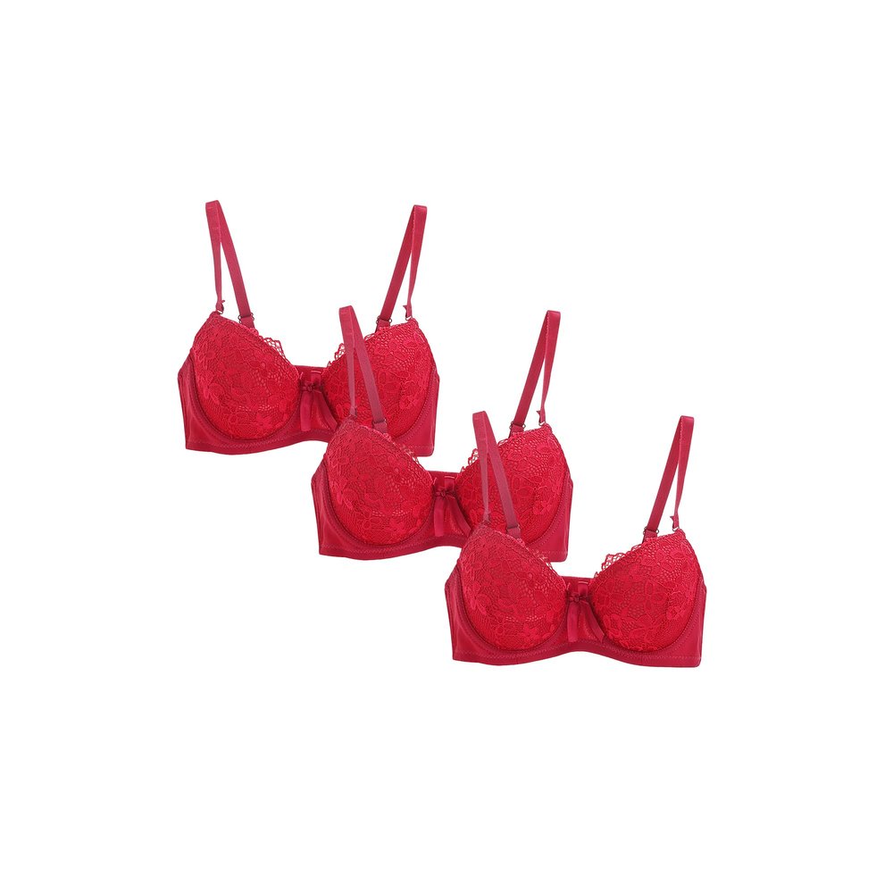 Guhmomh Women's Push-Up Underwire Bras, 3-Pack, Floral Lace with Bow Detail, Wine, Size L