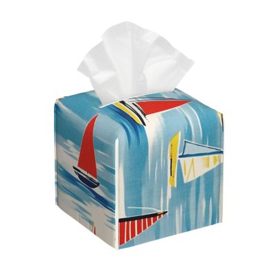 Mexpekil Square Tissue Box Cover, PU Leather, Waterproof, Cube-Shaped, Sailboat Pattern