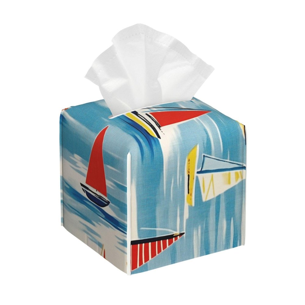 Mexpekil Square Tissue Box Cover, PU Leather, Waterproof, Cube-Shaped, Sailboat Pattern