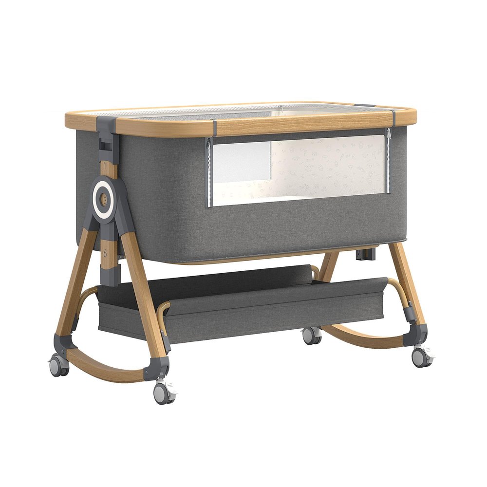 GLOKID 3-in-1 Baby Bedside Crib & Travel Cot with Wheels, 6-Level Height Adjustment, Cradle Mode, Adjustable Mattress Incline (Gold Gray)