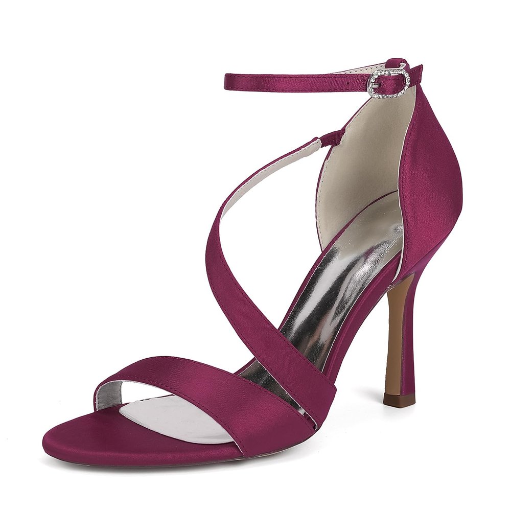 EICOFF Women's Ankle-Strap Stiletto Sandals, Open-Toe Satin High Heels, Burgundy, EU 43