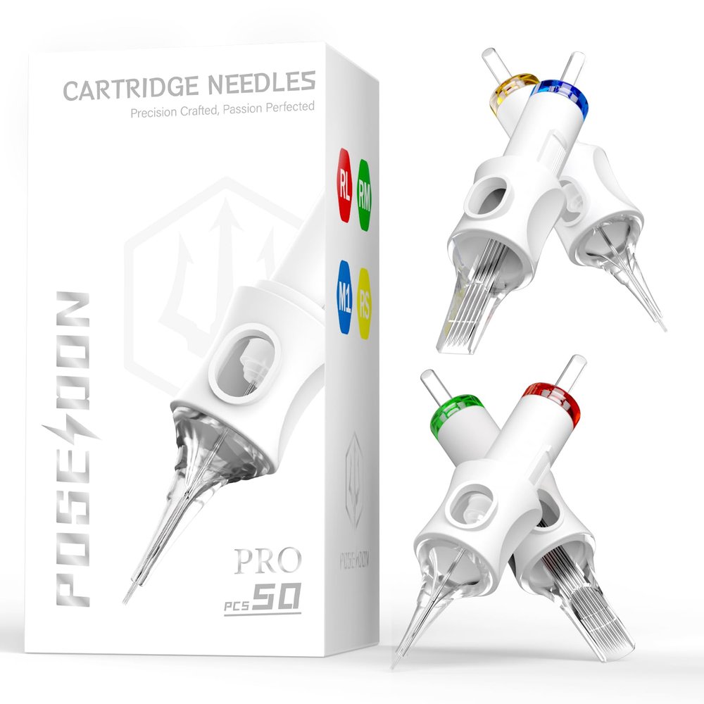 POSEIDON Professional Tattoo Cartridge Needles, 50-Pack | 10 Sizes | 3RL/5RL/7RL/9RL/9RM/11RM/15RM/7M1 (#10), 5RS/9RS (#12) | Disposable Needles with Ink Membrane