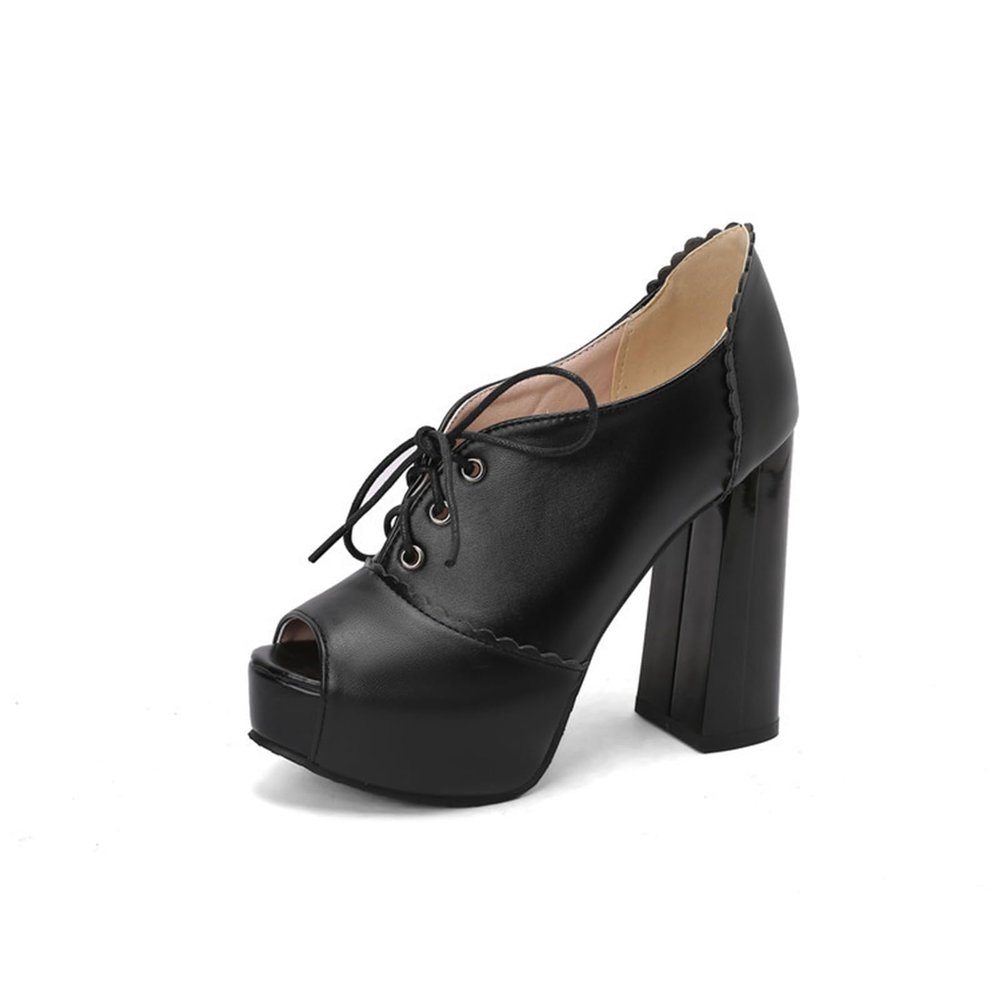 WOkismD 12 cm Open-Toe Chunky-Heel Plus-Size Women's Lace-Up High-Heel Sandals, Black, EU 46