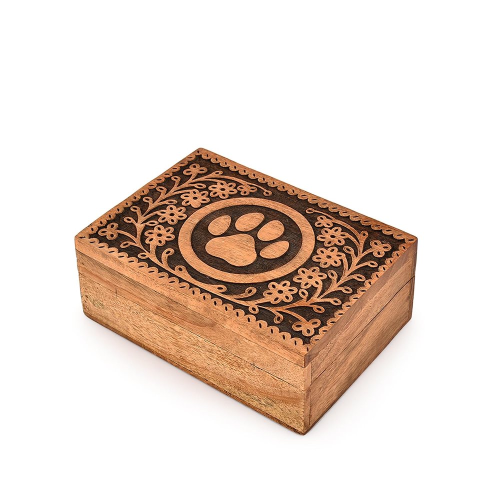 Mahasu Decorative Acacia Wood Pet Urn with Paw Print, for Dog and Cat Ashes (17.8 x 12.7 x 6.3 cm)