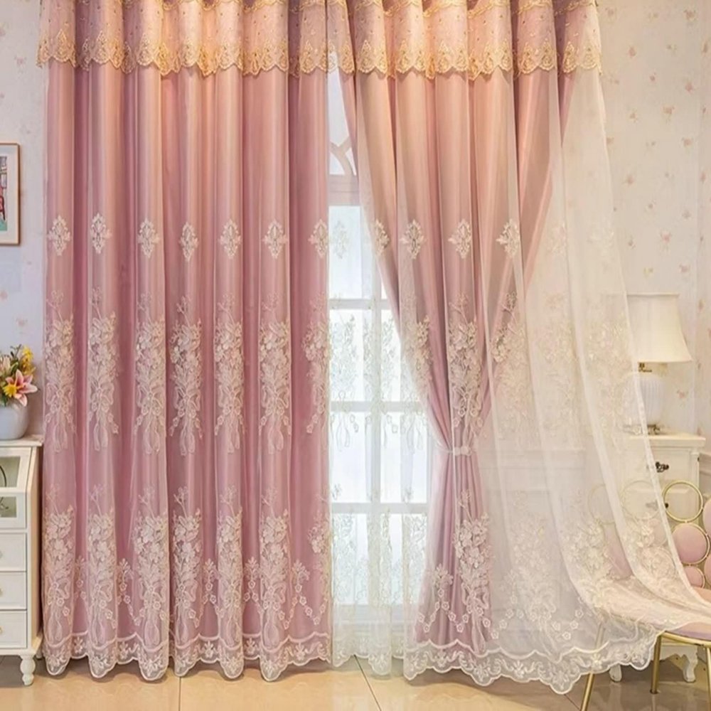 Homxi Blackout Curtains for Kids' Room, 2 Panels, Pink, Double-Layer Floral Embroidery, 54 W x 63 H in Each, Hook Top