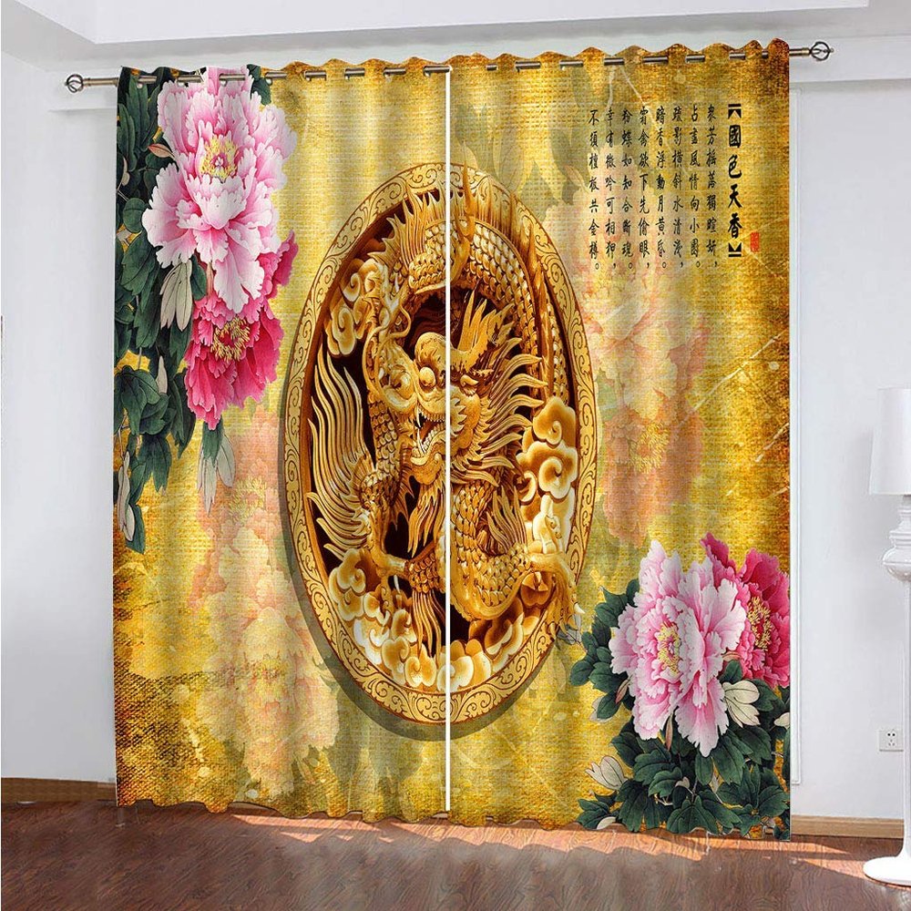 MAYNUO 3D Golden Jade Carved Dragon Blackout Curtains, 200 x 200 cm