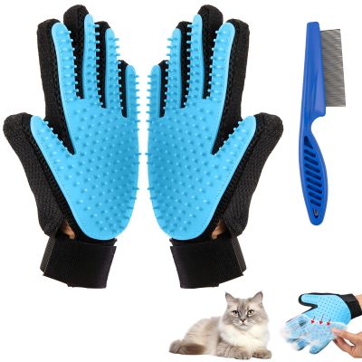 Pet Grooming Brush Gloves for Dogs and Cats, Light Blue