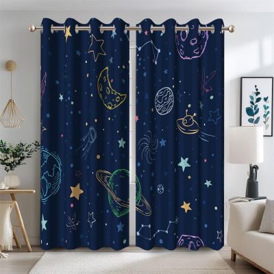 Ttincceer Navy Blue Blackout Curtains with Cartoon Stars and Planets, Galaxy Theme, with Tulle, 2 Panels, 107 x 215 cm