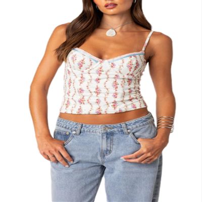 Acrawnni Y2K Backless Crop Top for Women, Sleeveless Floral Print Cropped Tank Top, Summer Camisole Streetwear, A-White, L