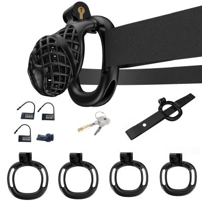 G-2.0 Male Chastity Cage with 4 Testicle Rings, Auxiliary Strap and Cock Cage, Black, M