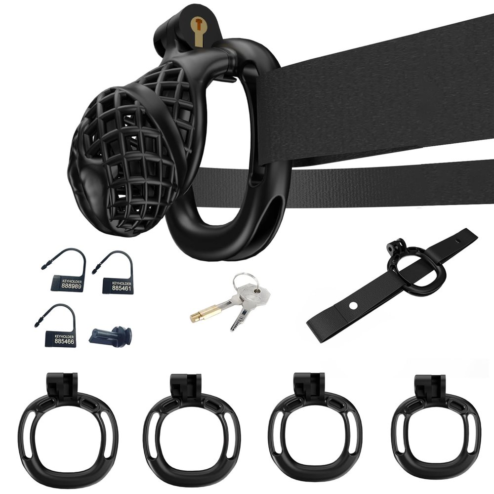 G-2.0 Male Chastity Cage with 4 Testicle Rings, Auxiliary Strap and Cock Cage, Black, M