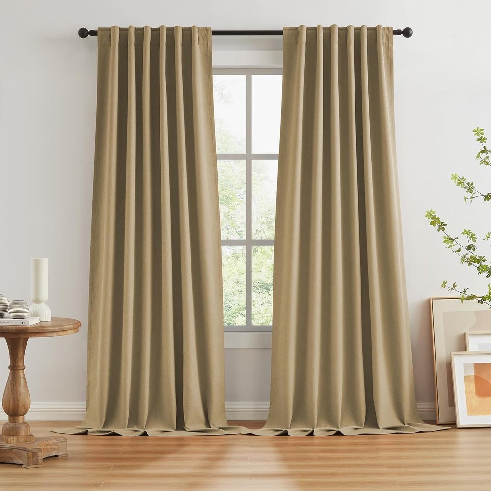 HANGEENGS 1-Piece Blackout Curtain, Linen Look, Thermal Insulating, Light Blue, 255 x 90 cm (W x H)