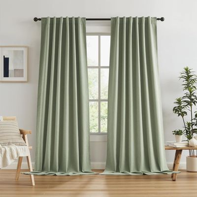 HANGEENGS Blackout Curtain, Linen-Look Thermal Curtain, Green, 130 x 230 cm (W x H)