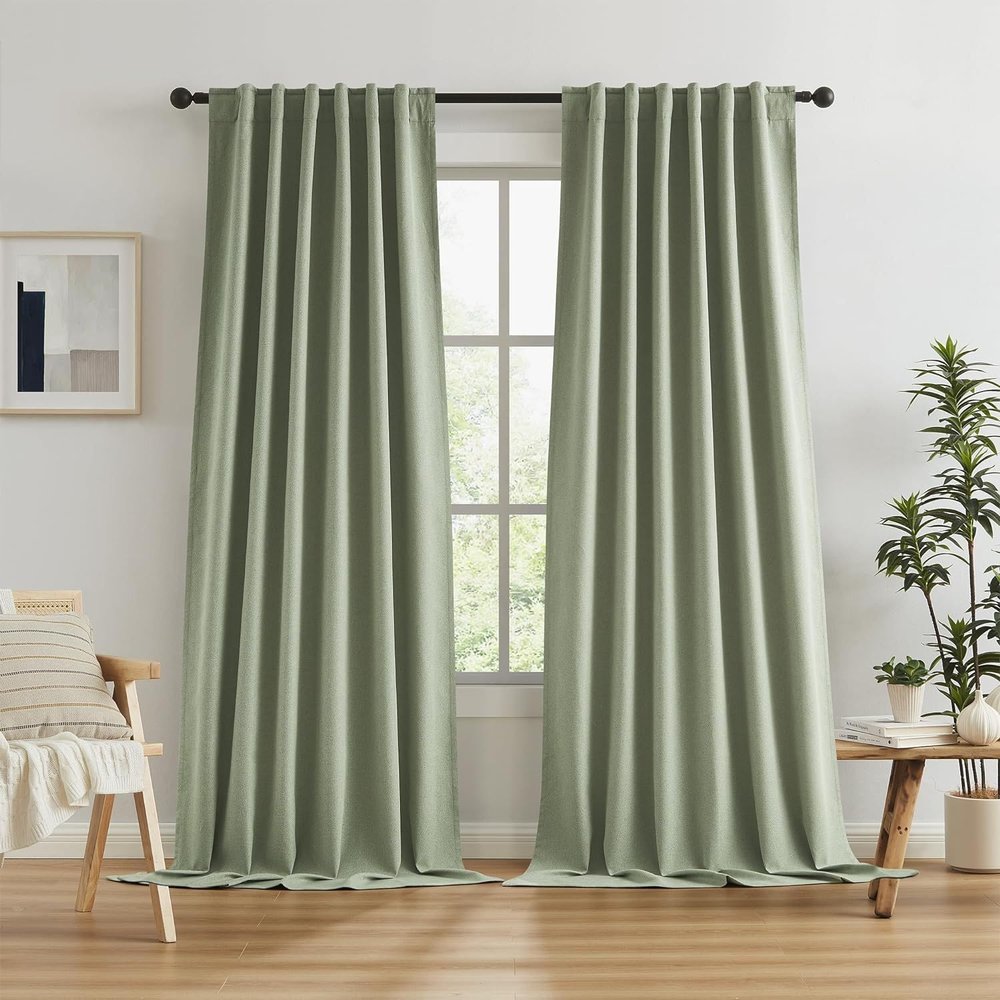 HANGEENGS Blackout Curtain, Linen-Look Thermal Curtain, Green, 130 x 230 cm (W x H)