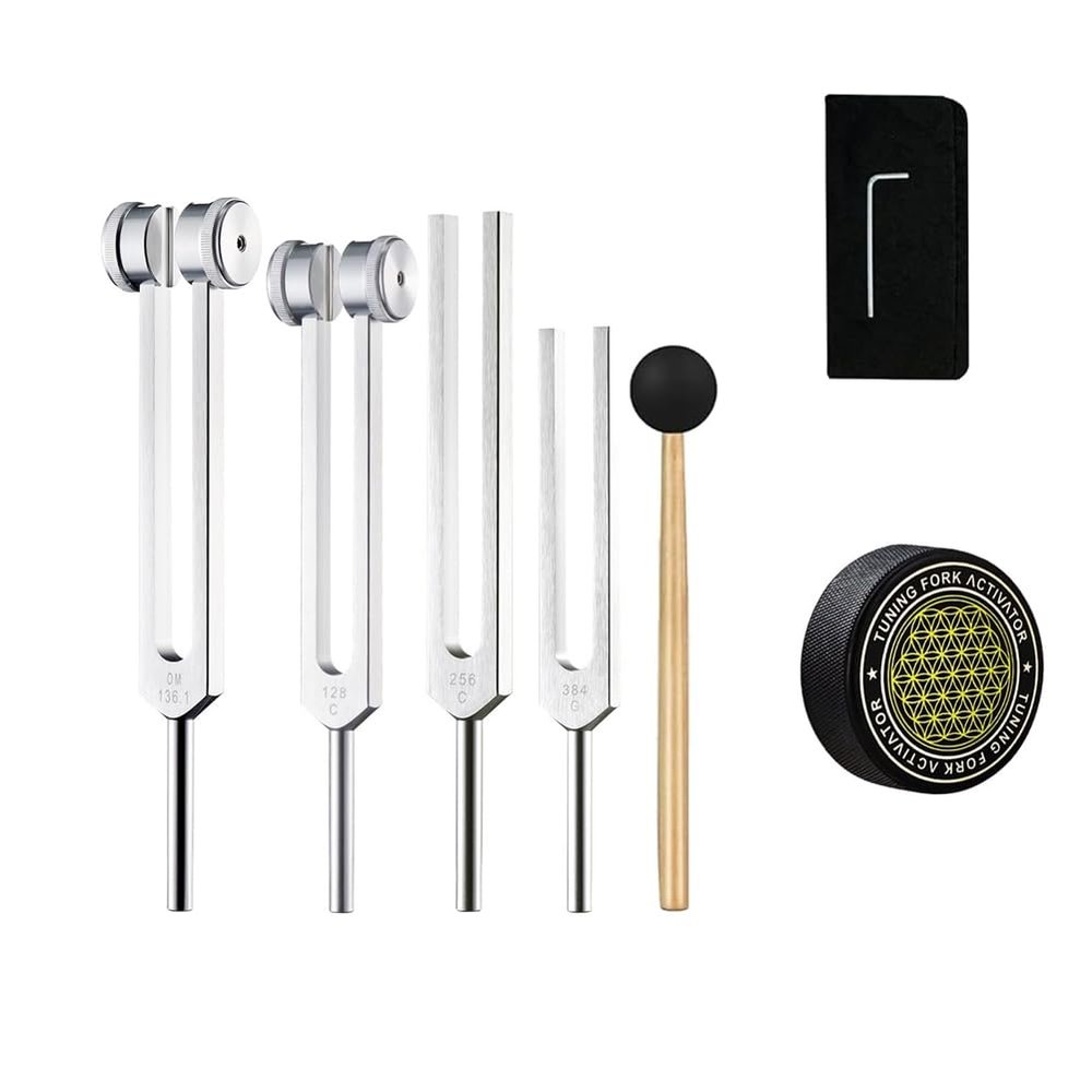 Fuhjythy Tuning Fork Healing Set, 128 Hz, 136.1 Hz, 256 Hz, 384 Hz, with Hockey Puck Activator