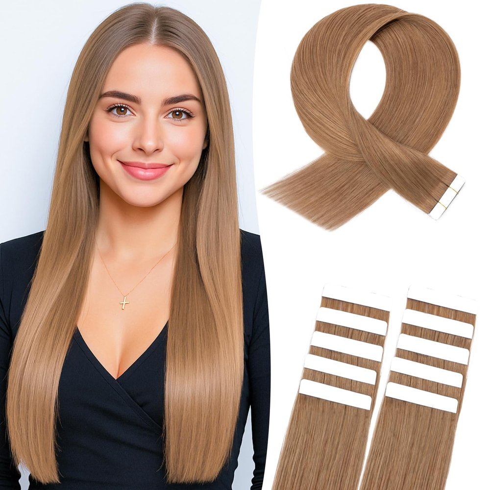 MY-LADY Tape Extensions Human Hair, Light Brown, 45 cm, 15 g