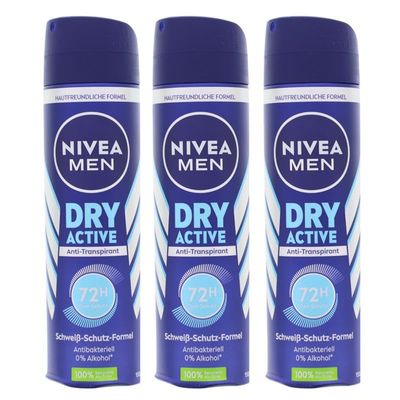 3x NIVEA MEN Dry Active Antiperspirant Deodorant Spray, 150 ml Each