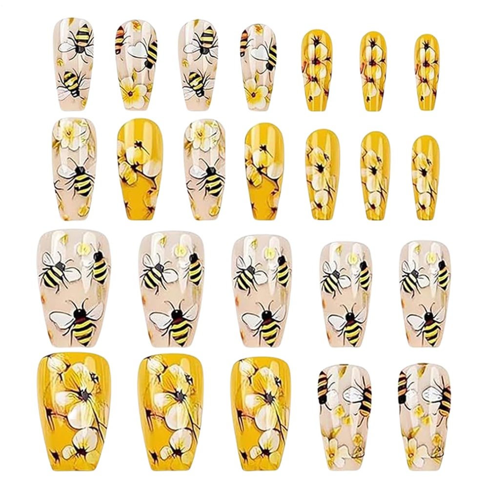 Yorajuy Cute Medium-Length Press-On Nails, 24-Piece Bee & Flower Set