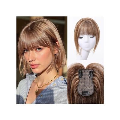 Human Hair Topper for Women, 360° 3D Coverage, Medium Bangs, Brown Mix Dark Blonde