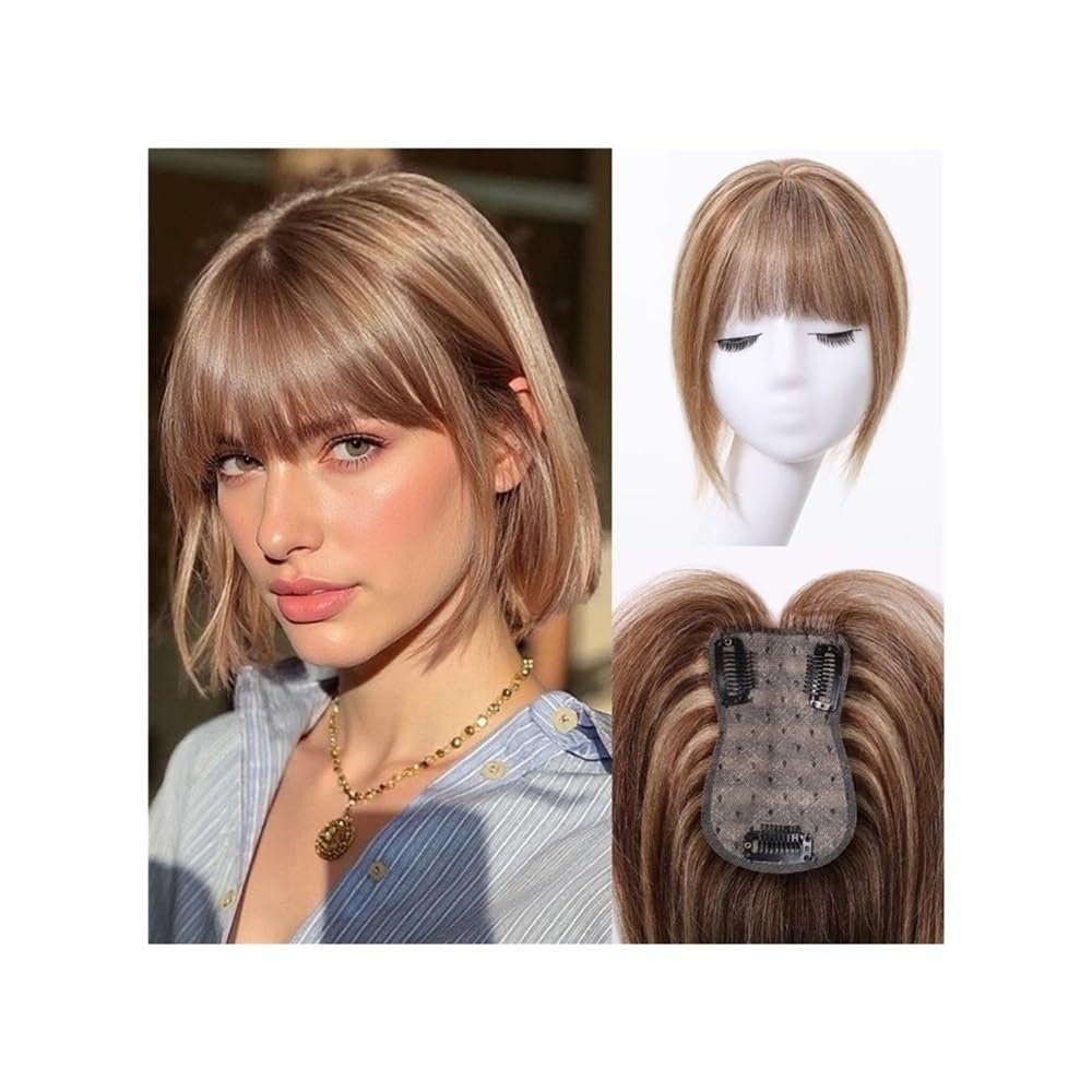 Human Hair Topper for Women, 360° 3D Coverage, Medium Bangs, Brown Mix Dark Blonde