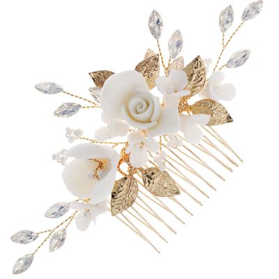 Gold Ceramic Hair Comb with Floral Pattern for Brides