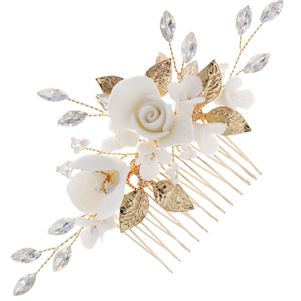 Gold Ceramic Hair Comb with Floral Pattern for Brides