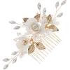 Gold Ceramic Hair Comb with Floral Pattern for Brides view 1
