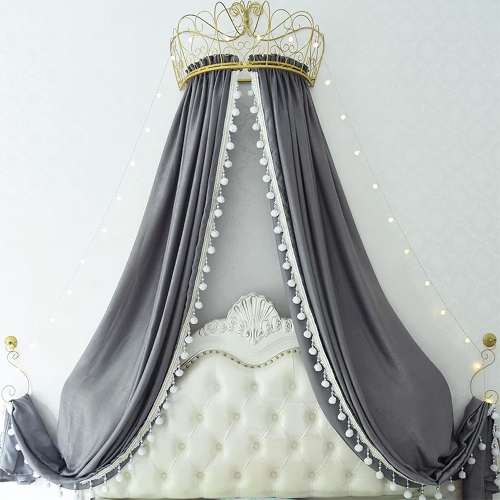 Golden Princess Crown Bed Canopy, Iffon Mosquito Net with Metal Crown and Decorative Yarn Curtains for a 2.0 m Bed