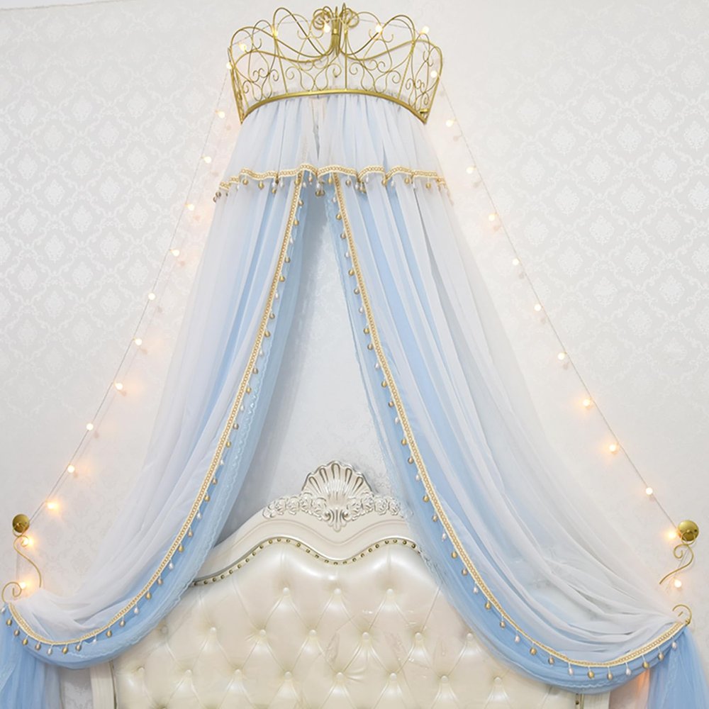 Bed Canopy with Metal Crown, Hanging Decorative Privacy Net, Play and Reading Tent for Indoor Use, Navy Blue, 1.8 m Bed