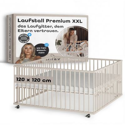 Smann Wooden Baby Playpen 120 x 120 cm, Sahara Dust, with Mattress, Height-Adjustable Solid Beechwood, Rubberized Casters, TÜV Tested
