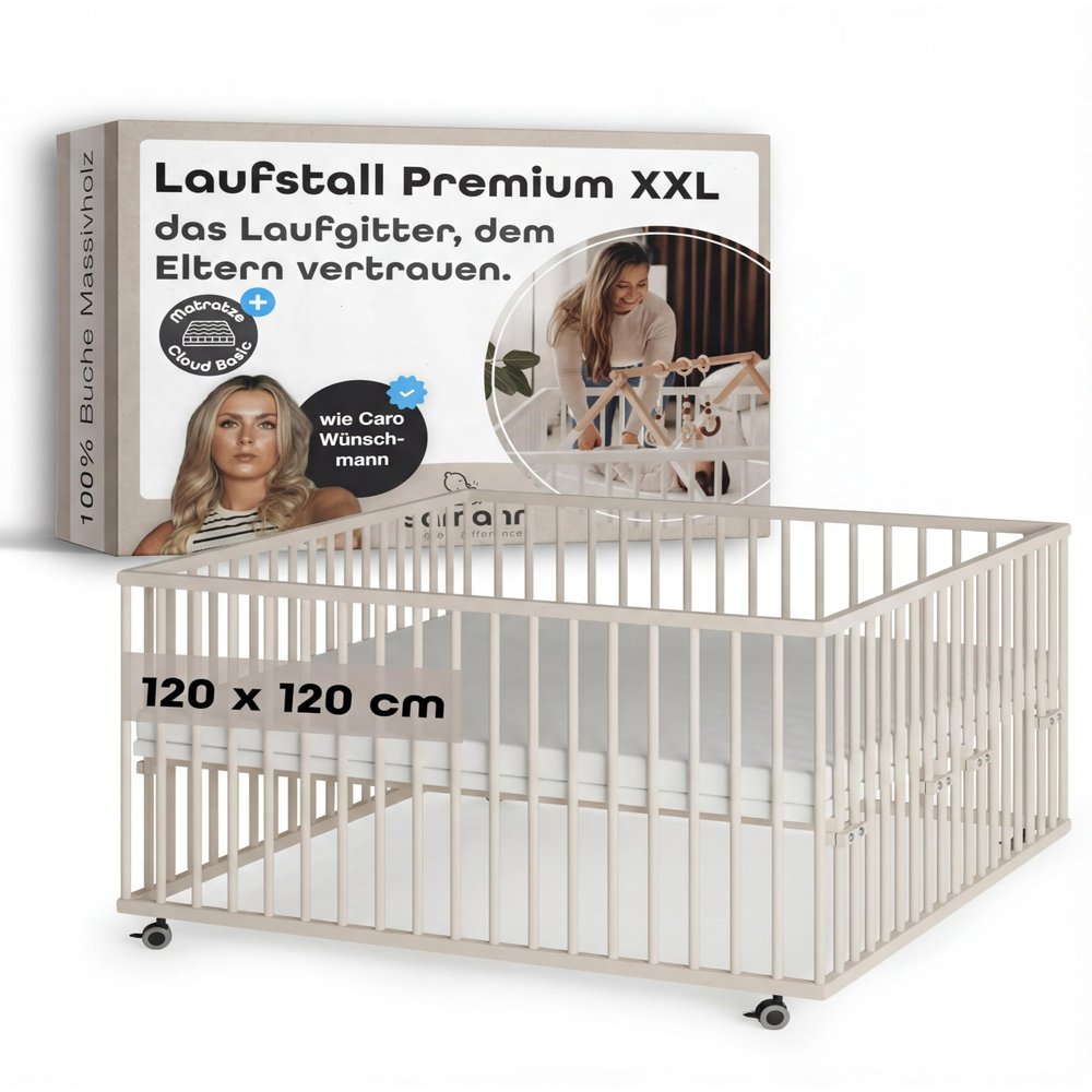 Smann Wooden Baby Playpen 120 x 120 cm, Sahara Dust, with Mattress, Height-Adjustable Solid Beechwood, Rubberized Casters, TÜV Tested