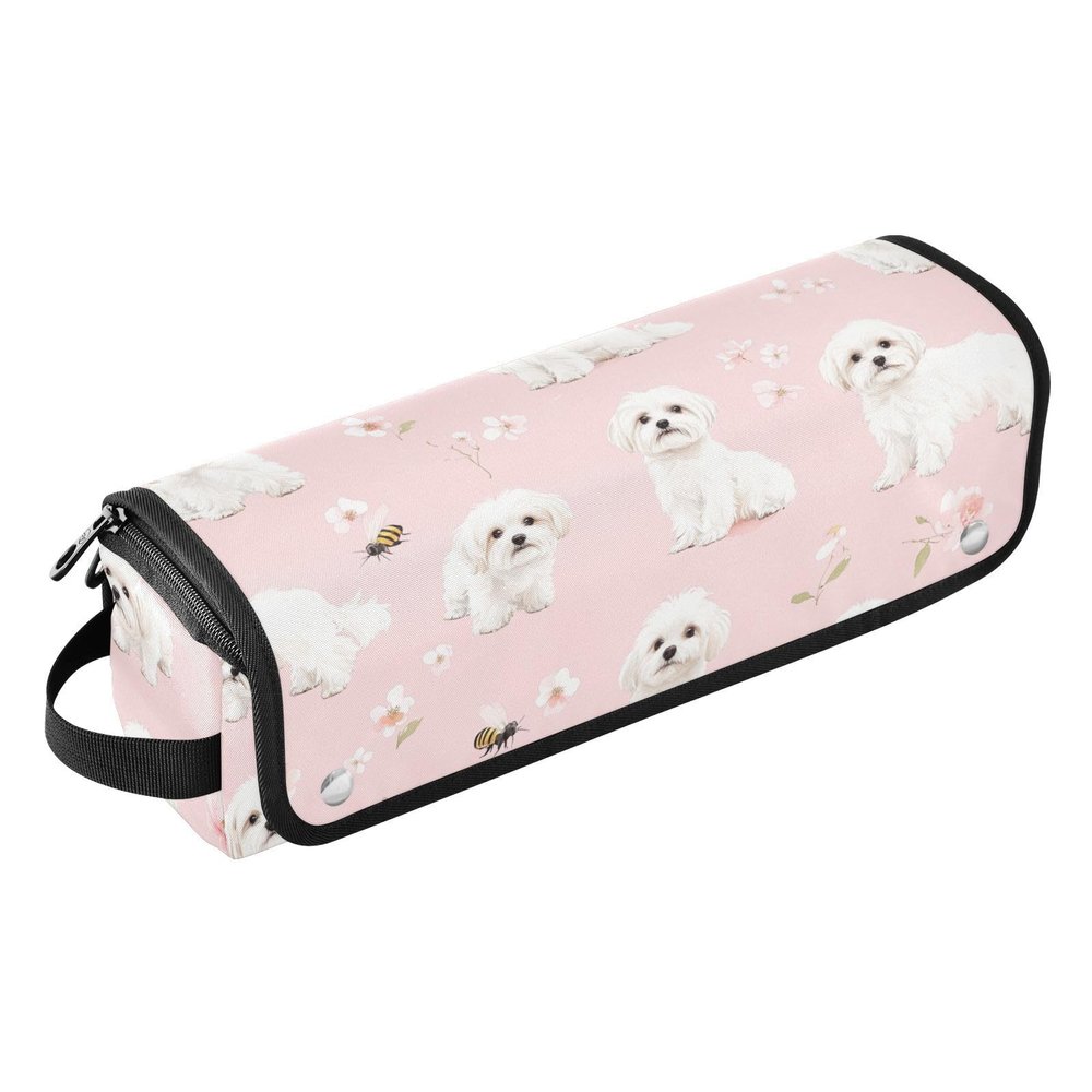 2-in-1 Curling Iron Travel Bag with Heat-Resistant Mat, Cute Maltese Dogs, Red