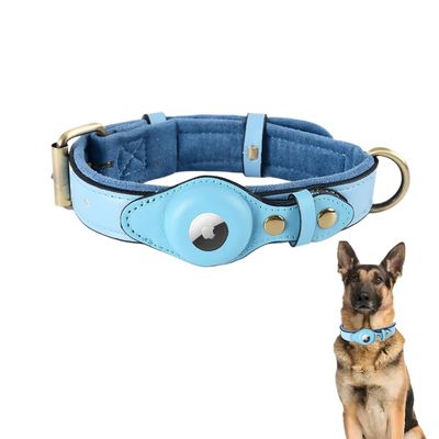 LiRui.R AirTag Dog Collar with Leather and Thick Plush, Adjustable, Blue, L
