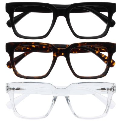 OPULIZE ERA Blue-Light-Blocking Reading Glasses for Women and Men, Anti-Reflective & Glare-Free, 3-Pack, UV400 Protection, Large Rectangular Frame, Computer/Gaming Glasses, Black/Brown/Clear, +1.50