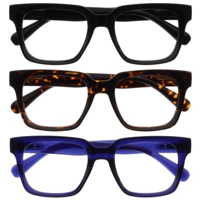 OPULIZE ERA Blue Light Filter Reading Glasses for Women & Men, Anti-Reflective, Glare-Free, 3-Pack, UV400, Large Rectangular Frame, Black/Brown/Blue, +1.00