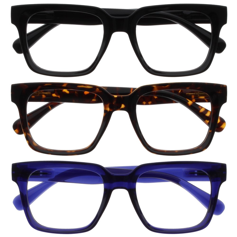 OPULIZE ERA Blue Light Filter Reading Glasses for Women & Men, Anti-Reflective, Glare-Free, 3-Pack, UV400, Large Rectangular Frame, Black/Brown/Blue, +1.00