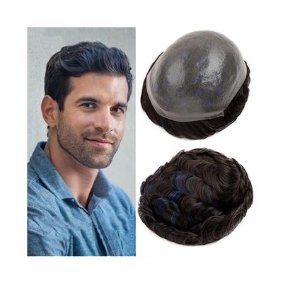 XUJUAN-0227 Men's Toupee, Blue Highlighted Human Hair, 0.06–0.08 mm Full-Skin Base, Double-Knotted Hair Replacement System (7 x 9)