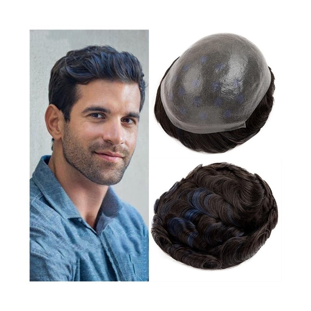 XUJUAN-0227 Men's Toupee, Blue Highlighted Human Hair, 0.06–0.08 mm Full-Skin Base, Double-Knotted Hair Replacement System (7 x 9)